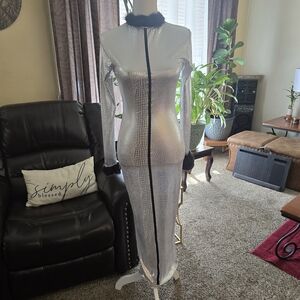 Silver Long Sleeve Dress with Black Trim
